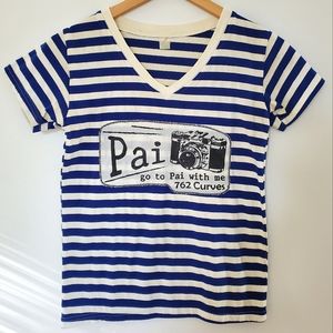 Blue and White Striped Pai Thailand T-Shirt with Camera Graphic (S)